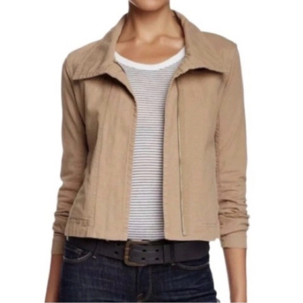 James Perse Women's Tan Skinny Moto Jacket Zip w/ Ribbed Stretch Panels | Size 1
